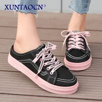 2021 summer womens lace up with bare heels vulcanized shoes students sweet flat sneakers ladies soft soles walking sports shoes