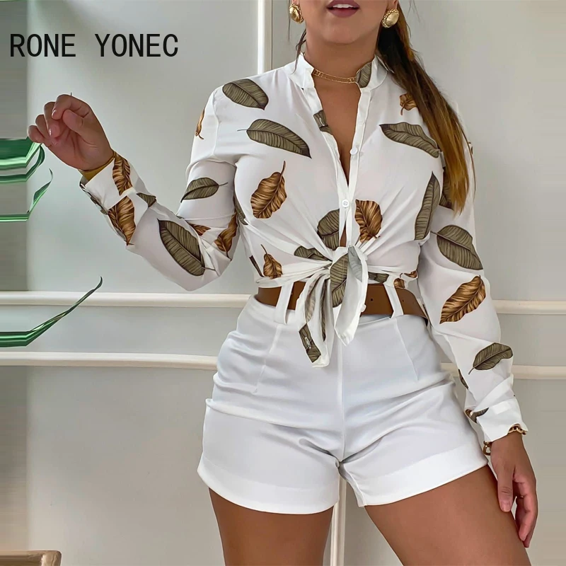 

Women Elegant Sashes Stand Collar Long Sleeves Leaf Pattern Tops and Solid Bottom Short Sets