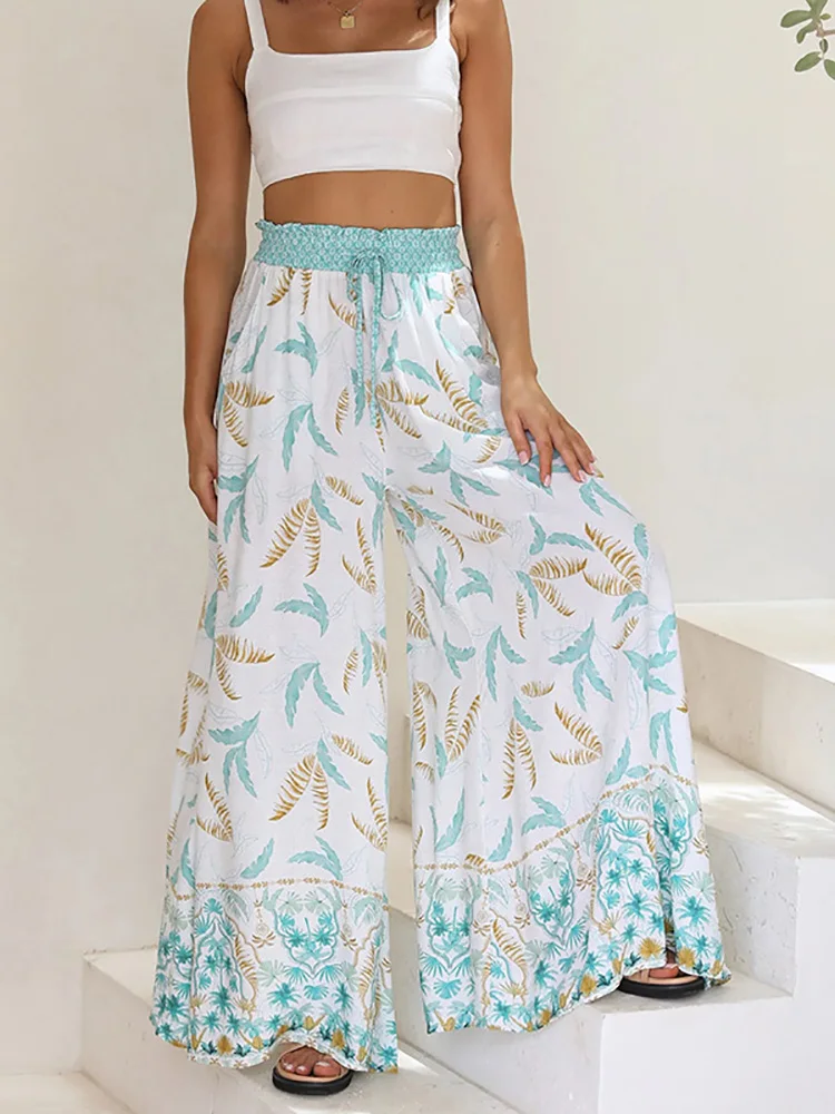 

Брюки женские с широкими штанинами, Удобные Свободные уличные штаны с принтом и карманами, на шнуровке, с эластичным поясом, Прямая поставка, весна-лето