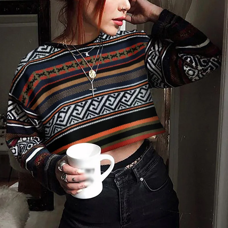 

Women Vintage Knitted Crop Sweater Autumn Casual Striped Long Sleeves Crew Neck Pullover Tops Streetwear