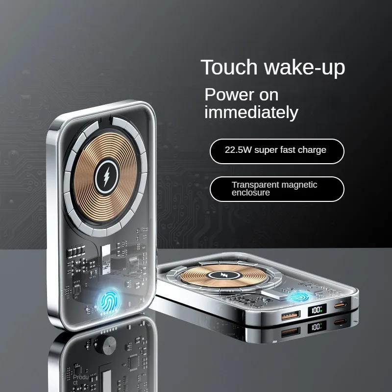 

10000mAh Power Bank Magnetic Wireless PD 22.5W Fast Charge Transparent Cover Plate USB Portable Source for iPhone Huawei