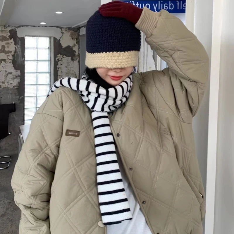 Solid Argyle Puffer Jacket Korean Fashion Trends Teenage Girl Casual Streetwear Womens Stand Collar Clothes Winter Baseball Coat