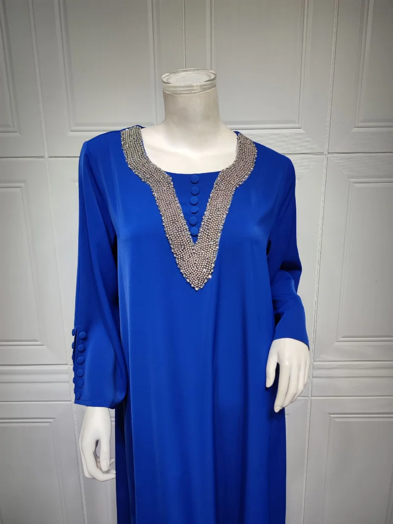 2023 Spring Summer New Arrival Muslim Women Long Sleeve Blue Polyester Long Abaya Muslim Fashion Dresses  Abaya Dress
