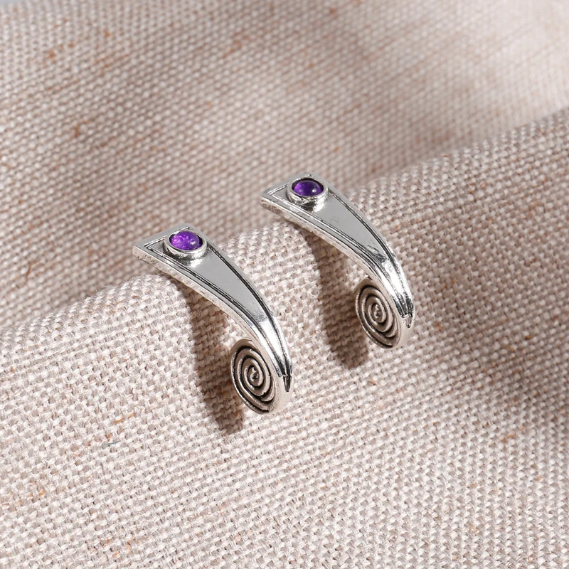 

Tribal Spiral Purple Stone Dangle Earrings Vintage Jewelry Twist Bronze Metal Pattern Geometric Drop Earrings Women Accessories