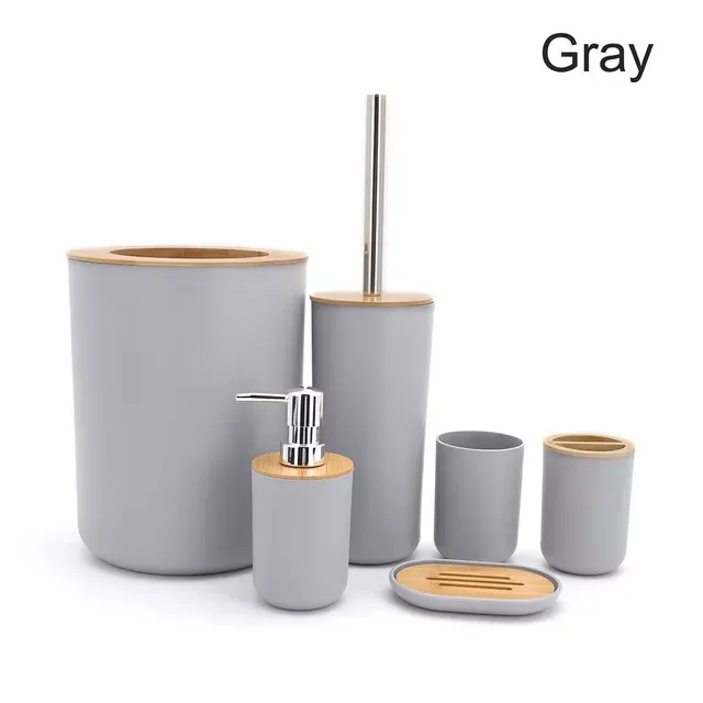 

Fashion 6Pcs Bathroom Accessories Set Bamboo Toothbrush Holder Soap Dispenser Toilet Brush Trash Can Bathroom Essential