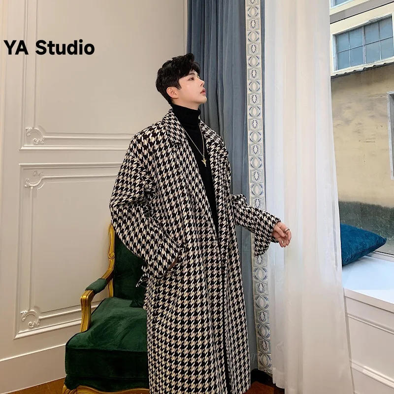 

[YA Studio] 2023 Autumn And Winter New Woolen Coat Men's Mid-length British Wind Trend Loose Thousand-bird Plaid Thickened Coat