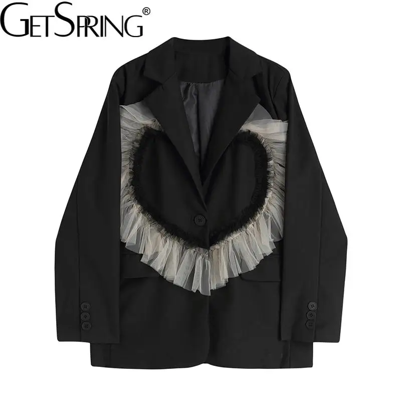 

Getspring Women Blazer Mesh Patchwork Vintage Black Women Blazers And Jackets Irregular Casual Elegant Women's Suits 2022 New