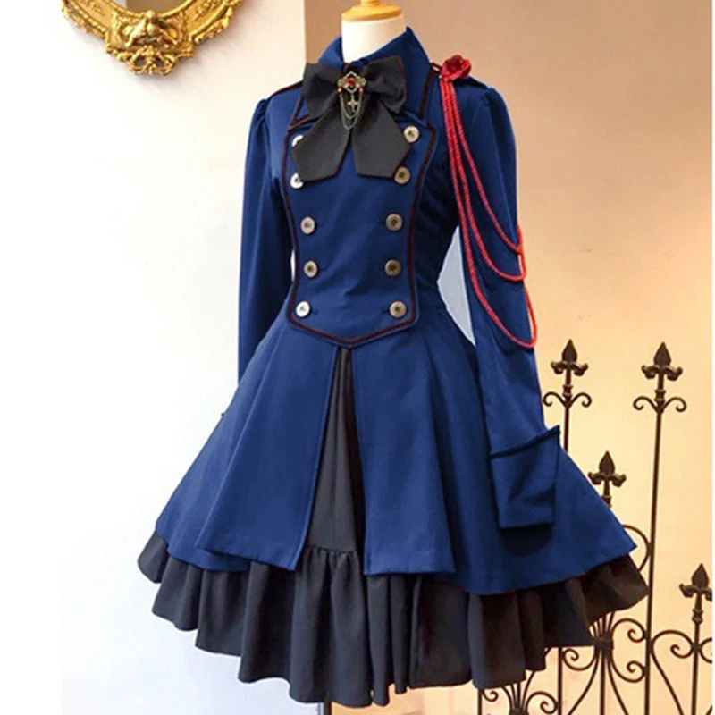 

2022 Vintage Gothic Lolita Dress OP Ruffle Bow Tie Button Lace Up Knee Length Long Sleeve Sweet Princess Tea Party Daily Dresses