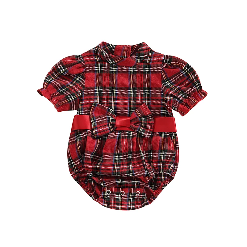 

Infant Baby Girl Christmas Bodysuits 0-18Month Newborn Plaid Print Short Sleeve O-Neck Romper Snap Closure Clothes with Bow Belt