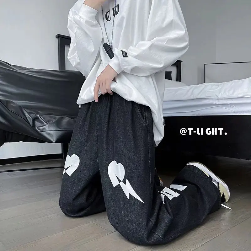 Fashion Jeans Men's Light Blue Love Print Design Sense American Hip-hop Trousers Loose Straight Leg High Street Men's Streetwear