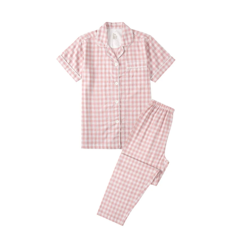 Pajamas Couples Plaid Cotton Seamless Nightwear Japanese Style Home Suit Casual and Breathable Sleepwear with Turn-over Collar
