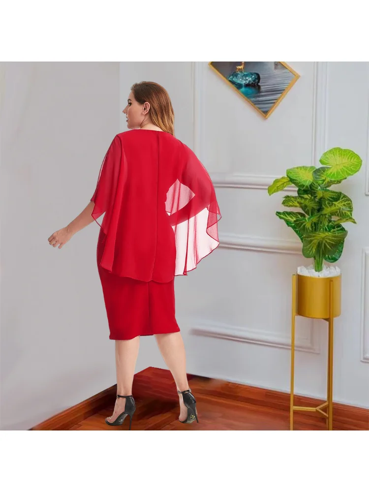 Summer temperament slim foreign trade large size women's solid color V-neck chiffon red knitted dress plus size dresses