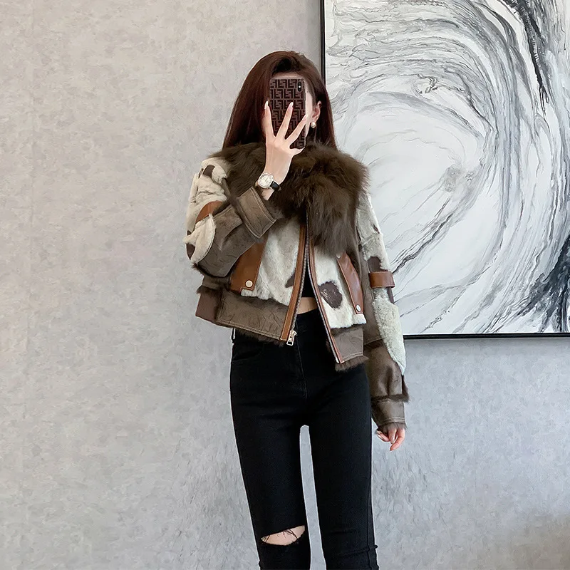 Fur coat women's short 2022 new winter warm wide edition color matching small rabbit fur Jacket