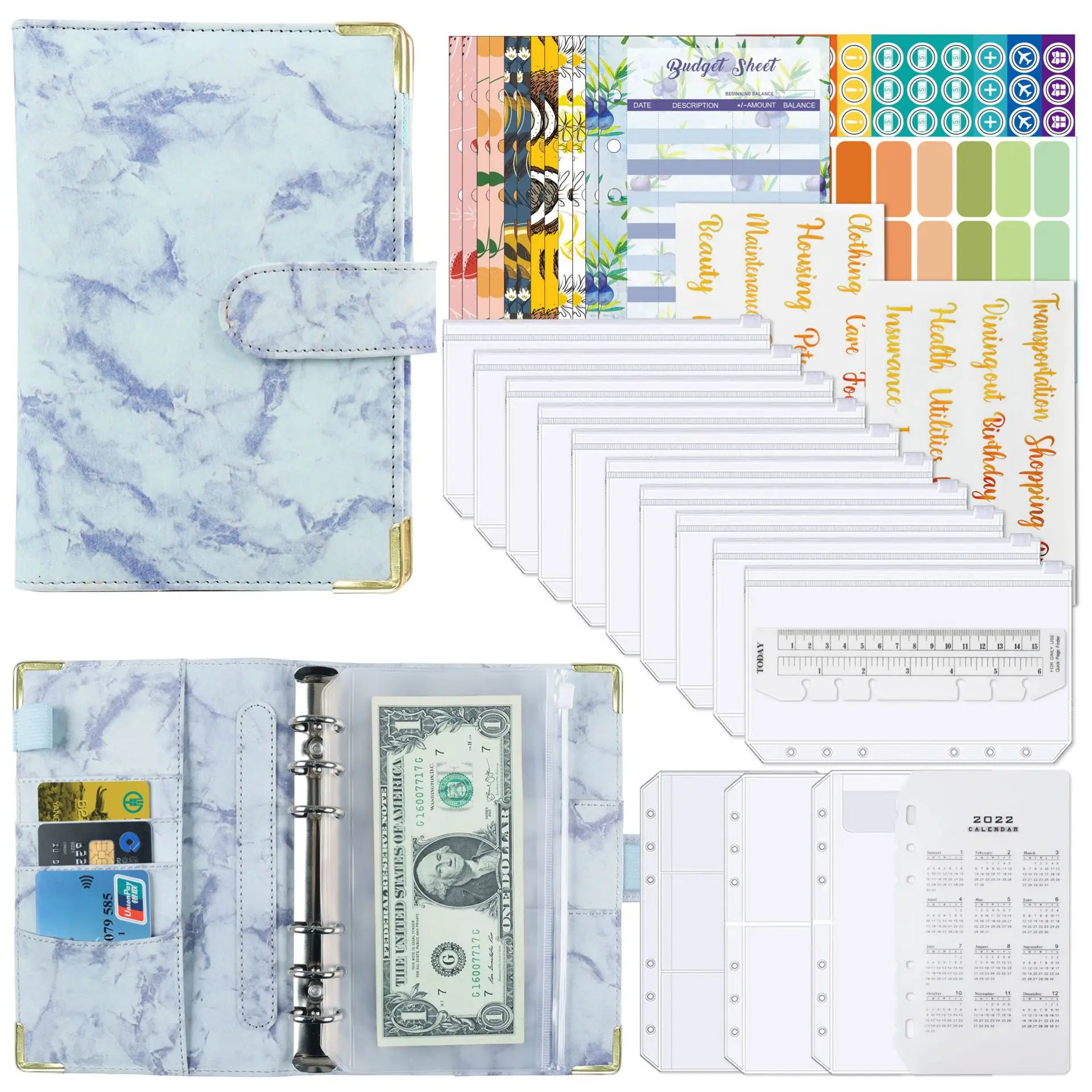 

A6 Money Budget Planner Binder with Zipper Envelopes, Cash Envelopes for Budgeting, Money Organizer for A6 Cash Budget Binder