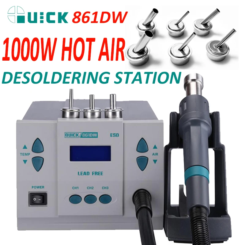 Оригинальная паяльная станция QUICK 861DW 1000W с термофеном, бессвинцовая  паяльная станция с микрокомпьютером для переделки температуры + 7 насадок |  AliExpress
