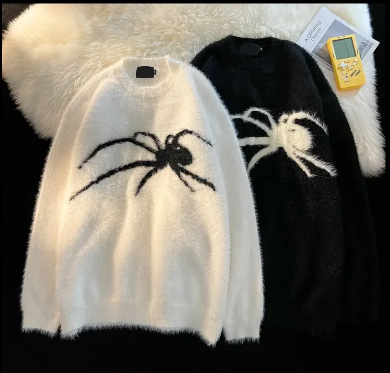 

Женский свитер в американском ретро-стиле, Свободный пуловер в готическом стиле с рисунком паука, простой дизайн, Осень-зима