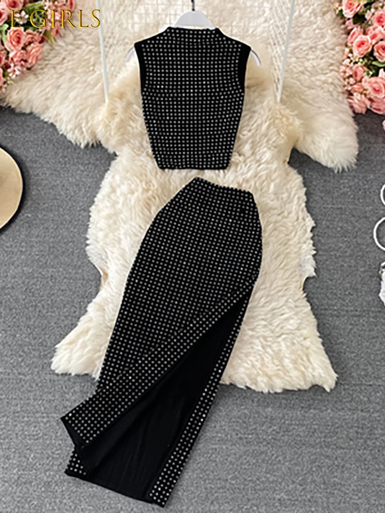 

J GIRLS Sexy Black Diamonds 2pcs Set Women Party Sleeveless Short Tops + High Waist Split Skirt Female Two Piece Suits Club