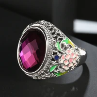 2022 new chinese style colorful enamel ring for women fashion tibetan silver purple glass stone ring vintage jewelry wholesale