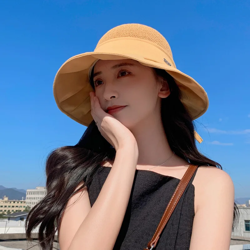 

2023 Korean Spring and Autumn New Hat Female Japanese Metal Label Big Brim Fisherman Hat Summer Mesh Breathable Sun Hat