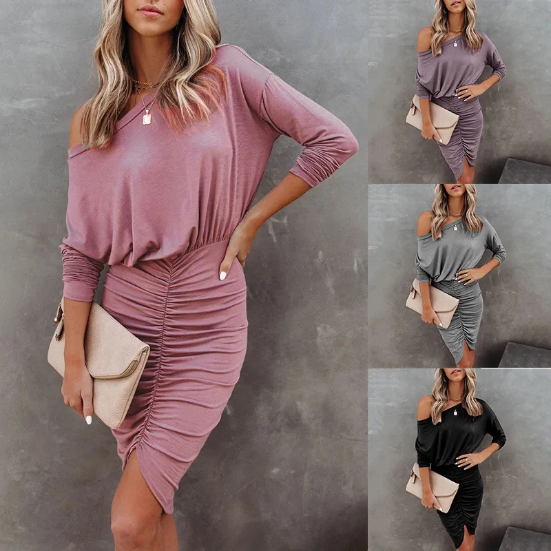 

Long Sleeve round Neck Hip Pleated Sexy Irregular Dress Women
