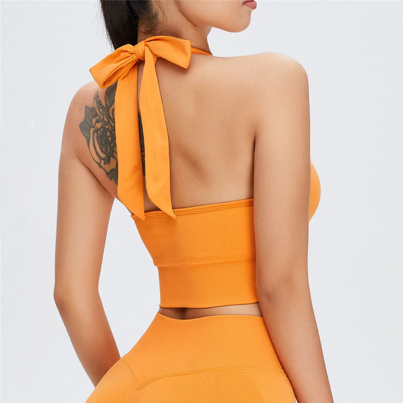 

Seamless Women Hanging Neck Yoga Bras Quick-drying Sports Fitness Beauty Back Gym Running Vest Cropped Tops