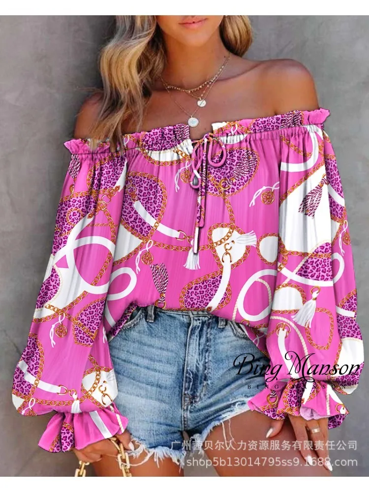 

Summer Women's New Vintage Bohemian Print Off Shoulder One Line Neck Lantern Sleeve Long Sleeve Sexy Leisure Holiday T-shirt Top