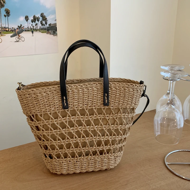 

Hollow Straw Big Capacity shoulder for women Drawstring Paper Rope women handbags designer bag woven hand beach bag women bolsos