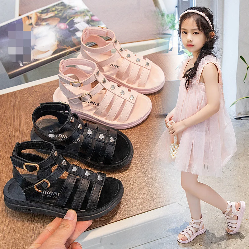 

New Girls Summer Shoes 4-12 Years Toddler Roman Rivet High Gang Comfort Sandals Princess Soft Bottom Beach Shoes Size 26-37