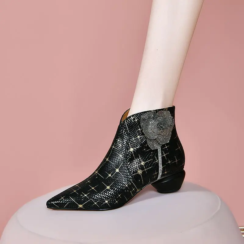 

FHANCHU 22 Women Sheep Skin Naked Boots,Fashion Leather Shoes,Mum's Botas,Rhinestone Flower,Pointed Toe,Side Zip,BLACK,Dropship