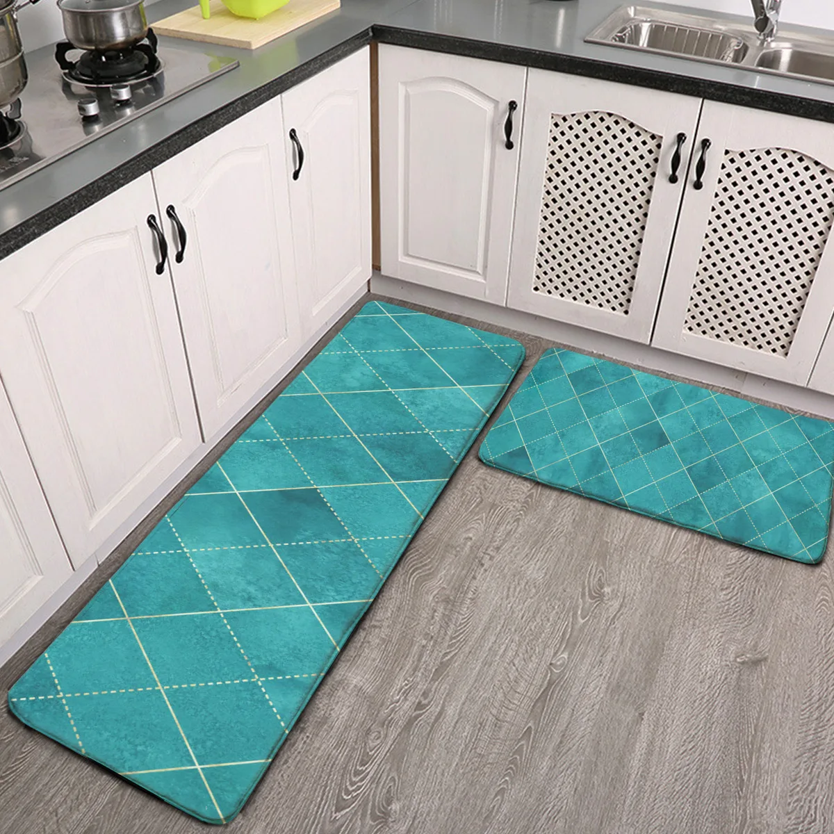 

Kitchen Mat Cushioned Anti Fatigue 2 Piece Set Geometric Teal Turquoise Plaid Personalized Diamond Kitchen Floor Mats Rug Carpet