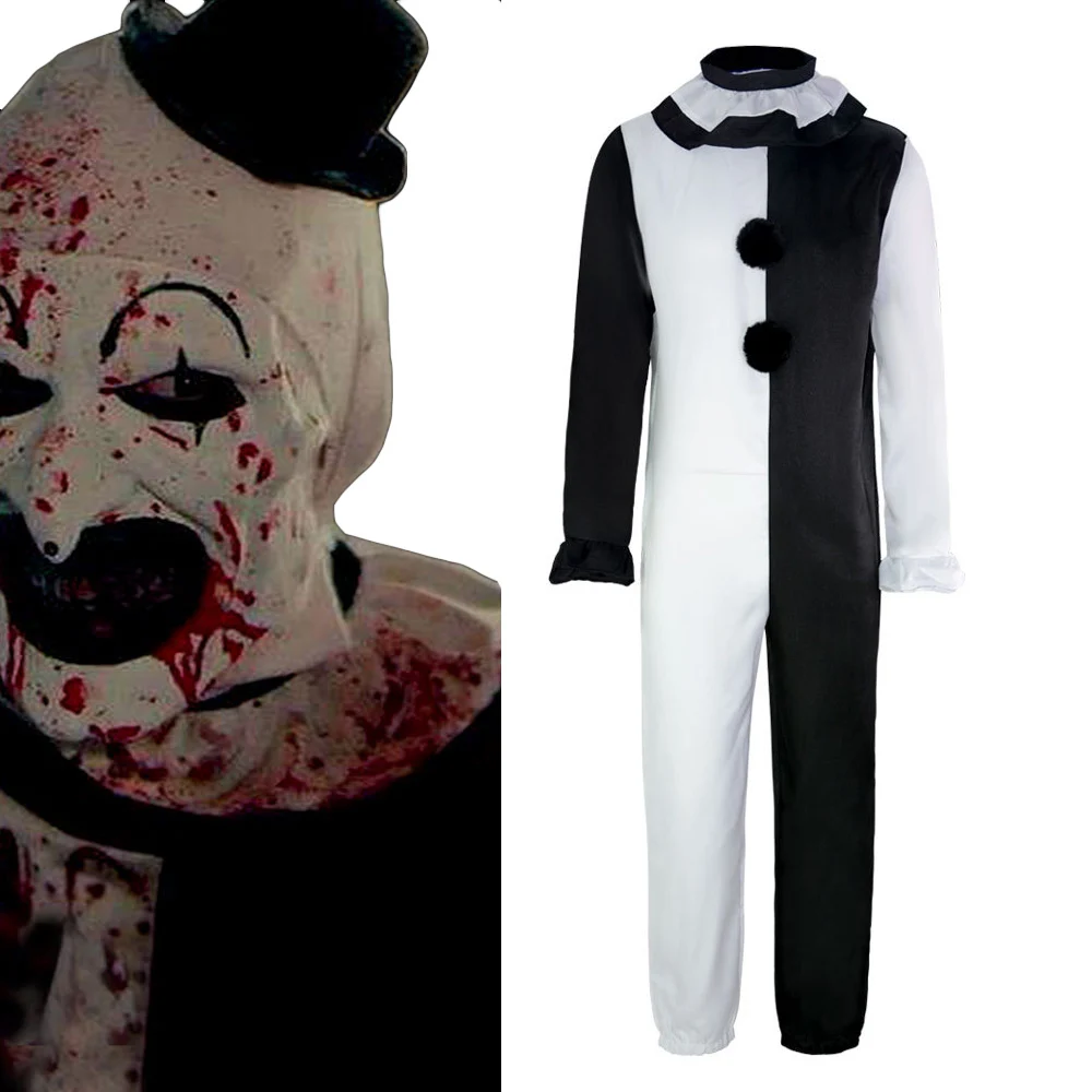 Anime Movie TV Art The Clown Joker Horror Cosplay Costume Terrifier White Black Jumpsuit For Adult Halloween Fancy Dress