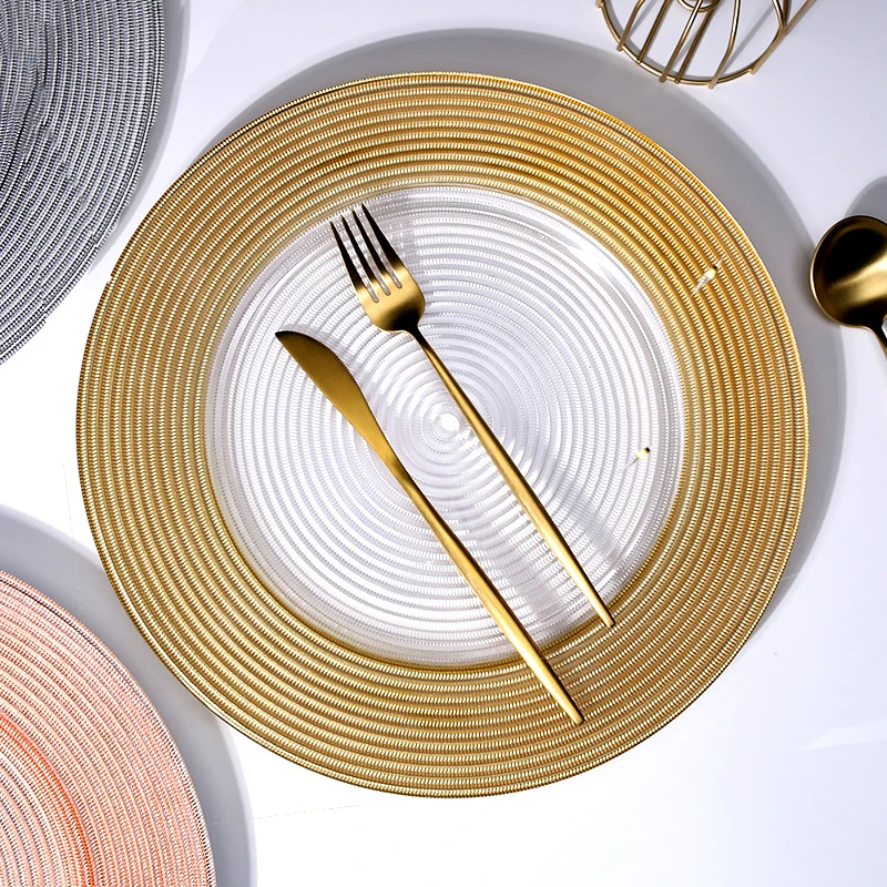 

European Style Golden Rim Glass Tableware Golden Home Fruit Plate for Food Western Placemat Dish Set Plate Tray Utensils