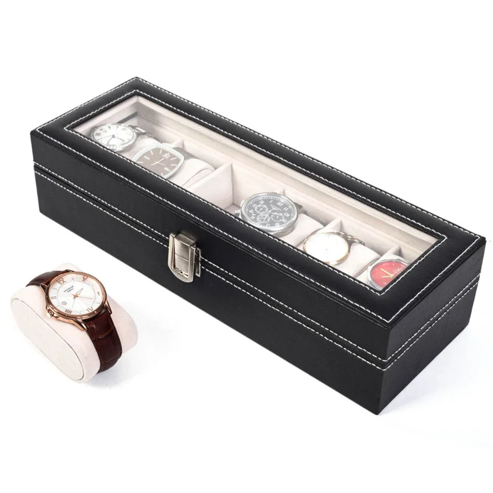 

Коробка для хранения из высококачественной кожи для коллекции часов с 6 отделениями, черная -- YS