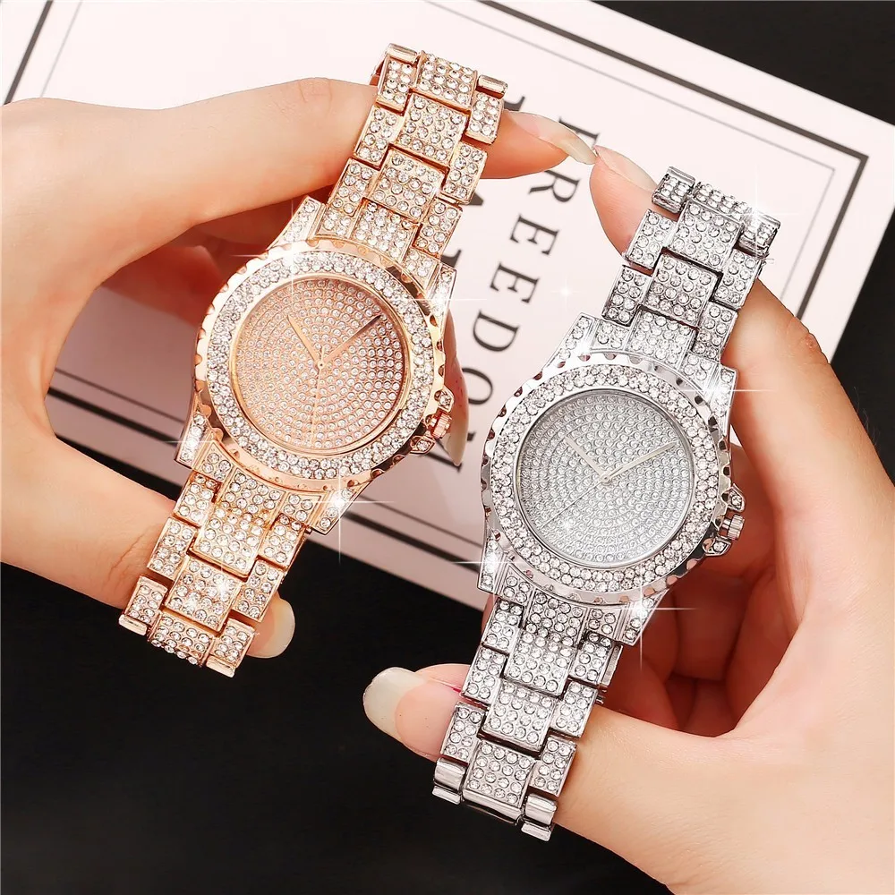 

Hot Koop Vrouwen Roestvrij Staal Volledige Diamond Horloges Casual Luxe Dames Quartz Horloge Klok Relogio Feminino