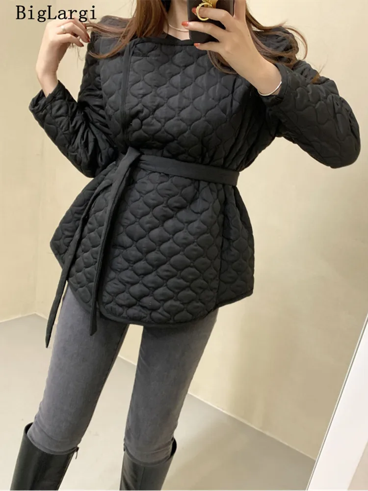 Korean Fashion Women Clothes Lace Up Jacket Women Autumn Winter Simple O Neck Ladies Tops Single-breasted Tie-waist Thick Coats