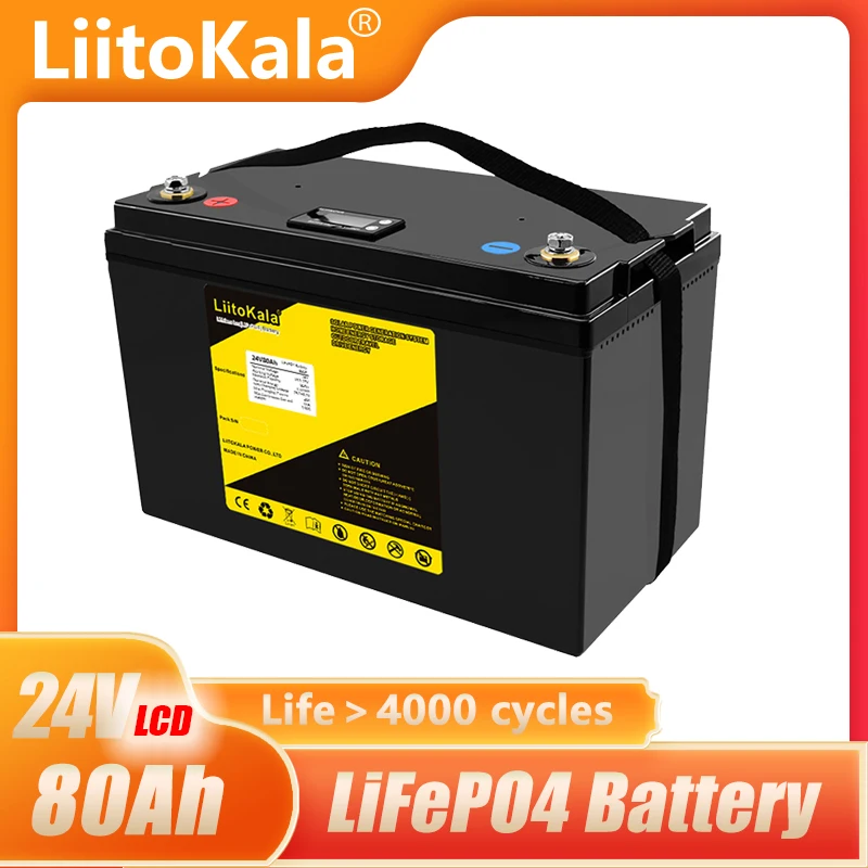 LiitoKala 24V 80Ah Lifepo4 battery pack with 100A BMS for inverter solar panel scooter backup power boat light 29.2V 10A