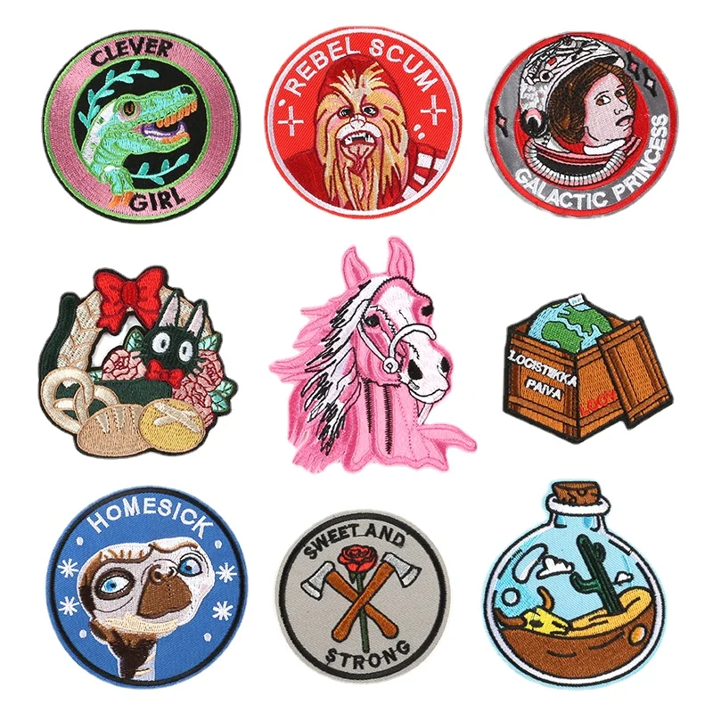 

30pcs/Lot Round Luxury Anime Embroidery Patch Clothing Decoration Box Princess Band Clever Girl Horse Homesick Rose Axe Cactus