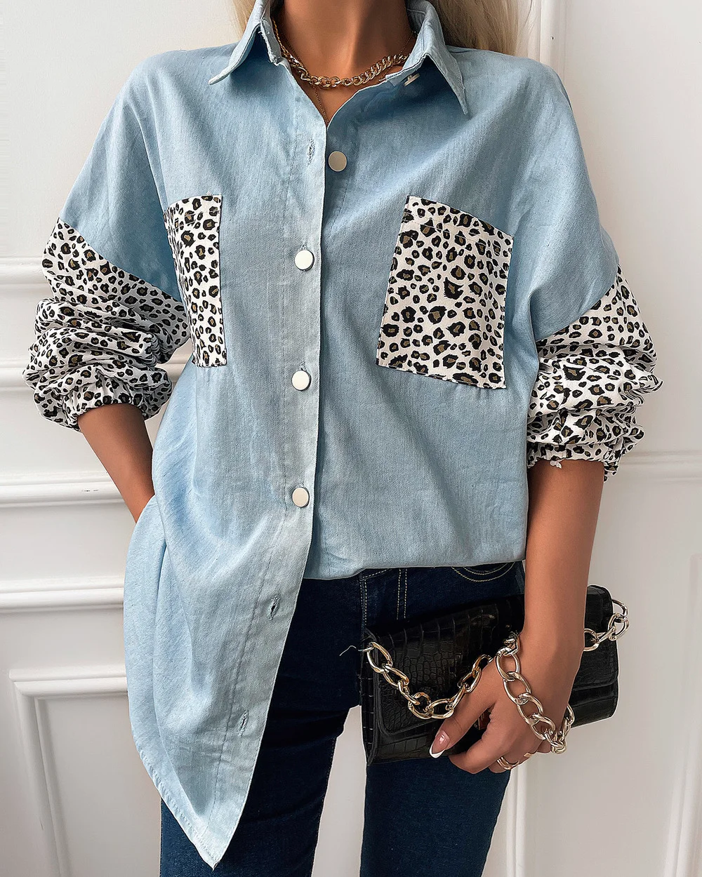 

Women's Shirt Denim Blue Long-sleeved Spring and Autumn Temperament Commuter Long-sleeved Leopard Print Pocket Lapel Loose Shirt