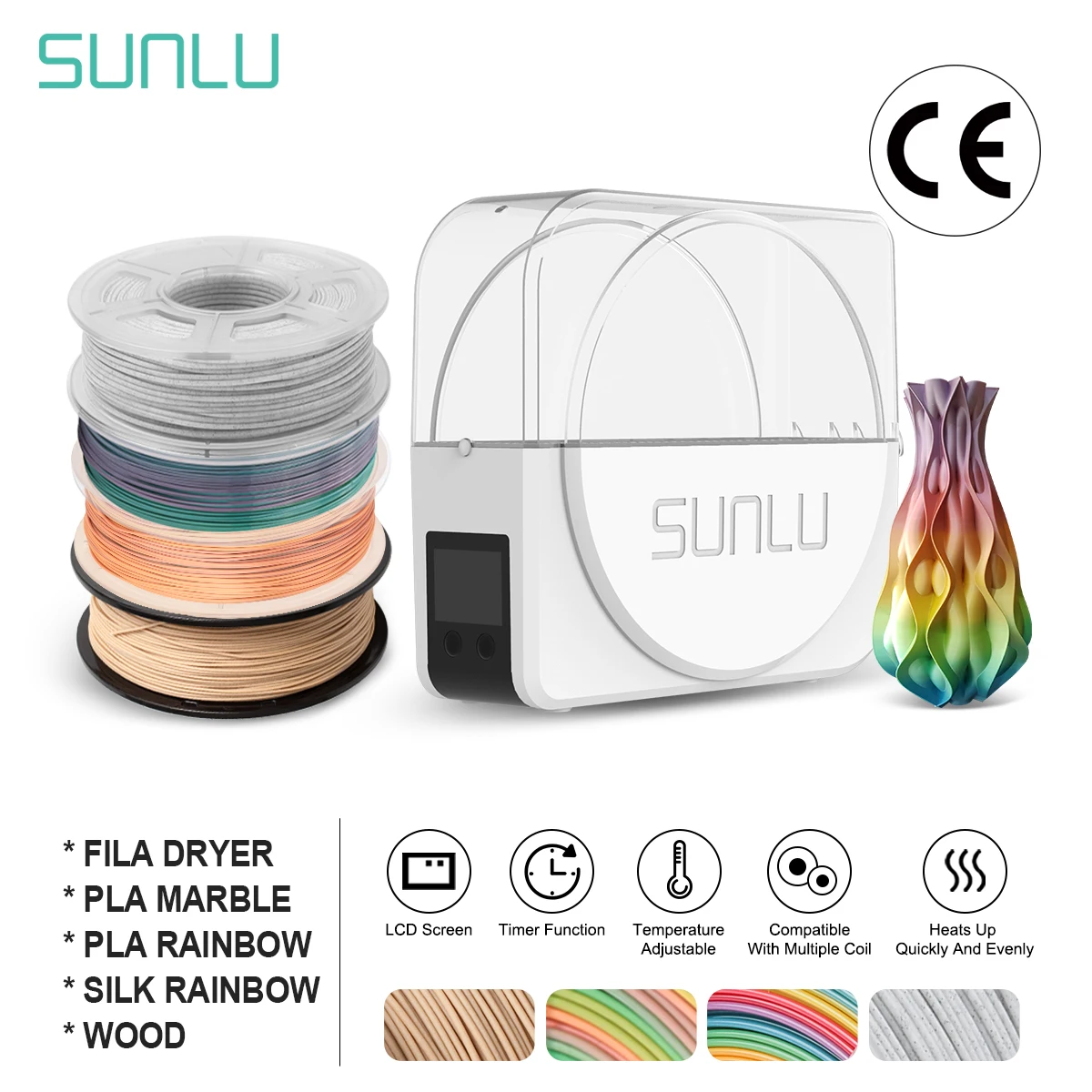Нить для сушки SUNLU S1, наполнитель для 3D принтера, 4 рулона PLA Marbel/Rowbal/WOOD/ SILK