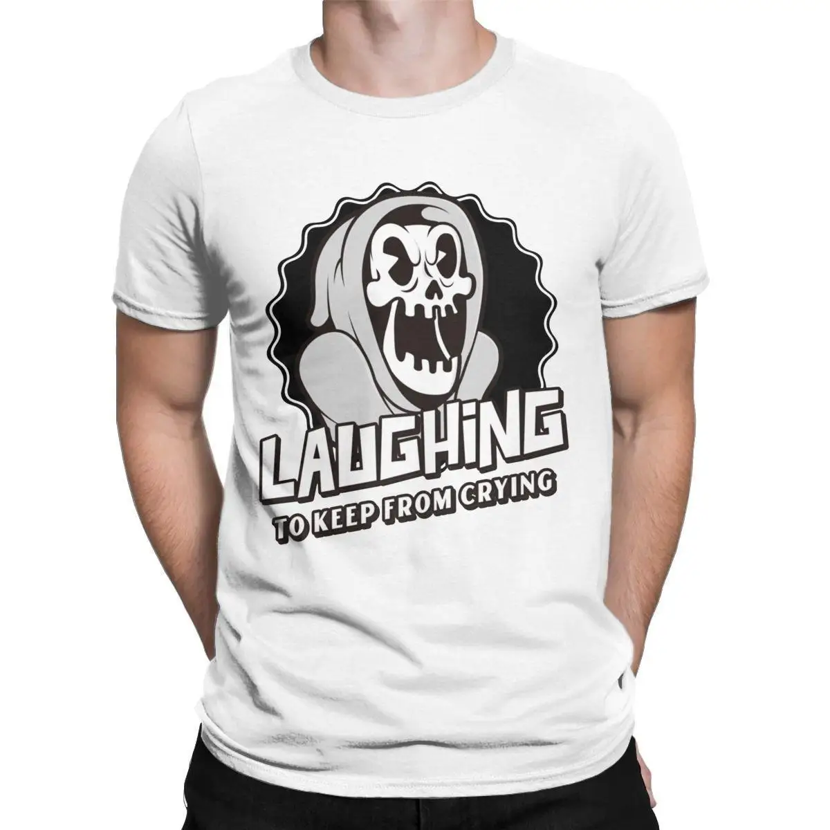

Laughing To Keep From Crying Retro Men's T Shirt Cuphead Mugman Novelty Tee Shirt Short Sleeve Round Collar T-Shirts 100% Cotton