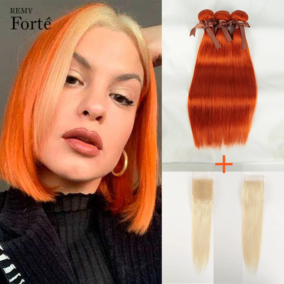 Blonde Orange Straight Hair Bundles With Closure Human Hair Bundles With Closure 10A Brazilian Hair Weave 3 Bundles With Closure
