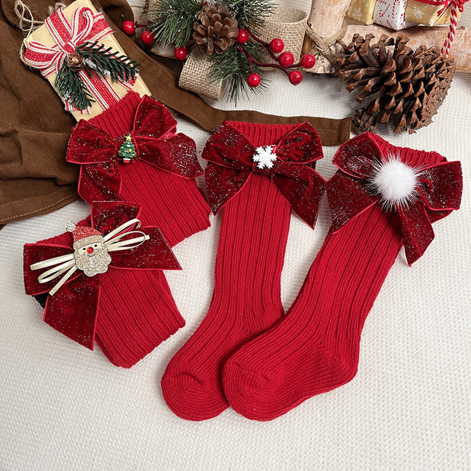 

2022-09-23 Lioraitiin 0-3Years Toddler Girls Christmas Socks Knitting Leg Snowflake/ Santa/ Ball/ Tree/ Hat/ Bell Elastic