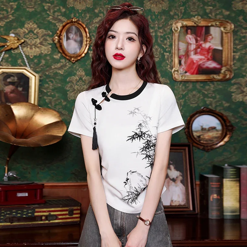 Женская блузка с коротким рукавом и круглым вырезом в китайском стиле