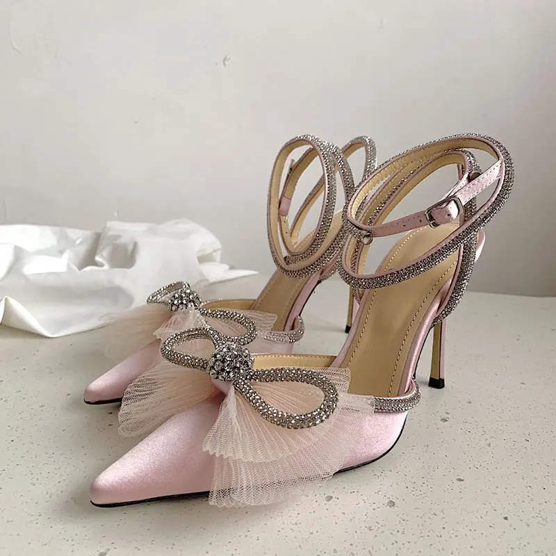 Water Diamond High Heels Women's 2023 New Bow Tie Pointed Thin Heels Wedding Shoes Sandals