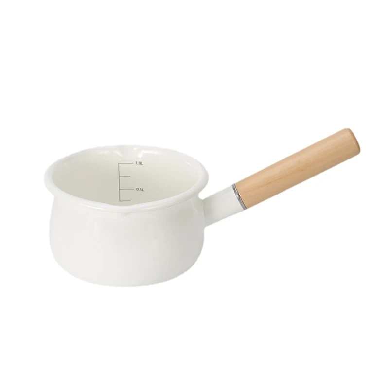 

Milk Pot Porcelain Enameled 15cm 1L Wooden Single Handle Anti-scald Children Food Breakfast Egg Noodles Thickened High Quality