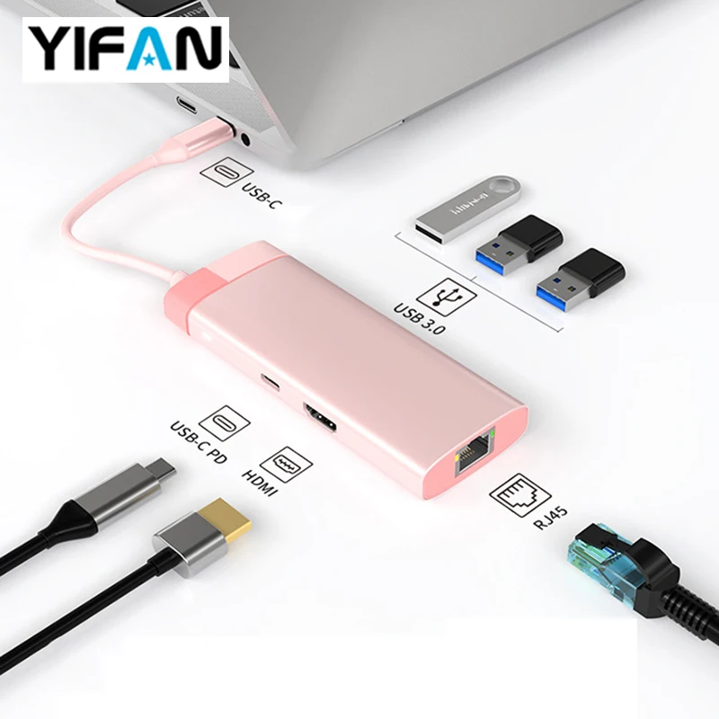 

7 in 1 USB Hub Type C for MacBook Pro Air Laptop ,1000M RJ45 Ethernet, 4K HDMI 100W PD Quick Charger ,USB 3.0 Dock Station