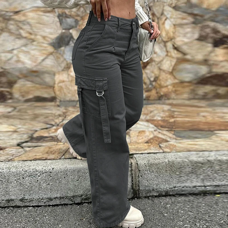 Fashion Solid Cargo Straight Wide Pants Women New Sexy High Waisted Streetwear Trousers Ladies Summer Elegant Pocket Long Jeans