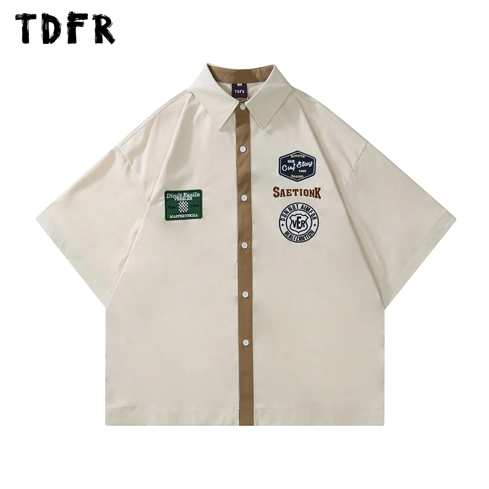 

Embroidery Cargo Short Sleeve Shirts Mens Summer Racing Casual Streetwear Loose Lapel Half-Sleeve Shirt Men