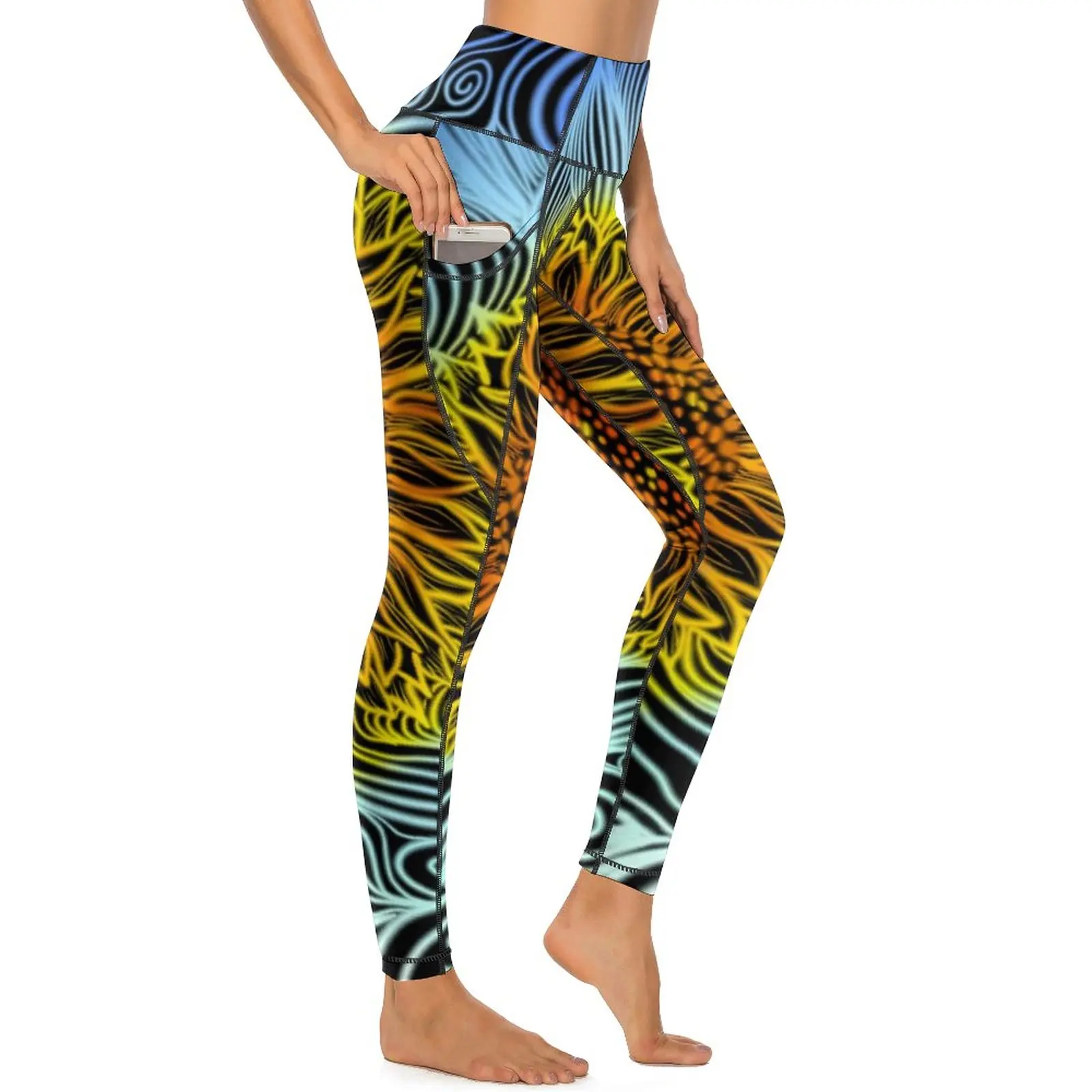 

Neon Sunflower Leggings Sexy Bold Modern Art High Waist Yoga Pants Kawaii Stretchy Leggins Pockets Female Workout Sports Tights