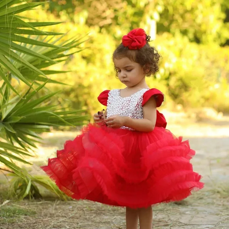 

Cute Red Puffy Flower Girl Dress Toddler Birthday Party Dresses Pearls Tiered Custom Made Fashion Show First Birthday Dress
